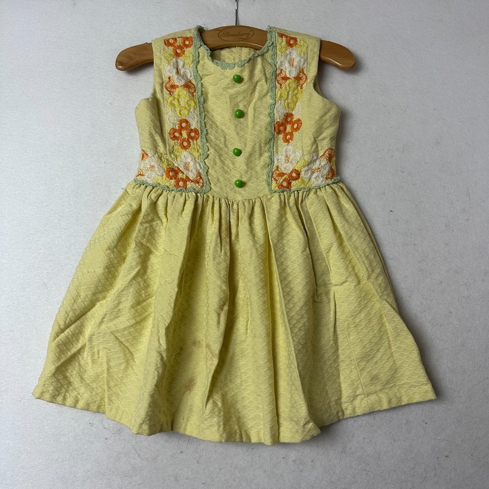 Vintage Carol Evans Penneys Girls Yellow Cotton Floral Embroidered Dress‎ Size 6